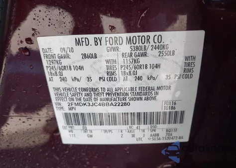 2011 Ford Edge Sel from USA, damaged, VIN 2FMDK3JC4BBA22280